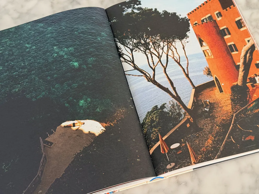 Pine tree and terracotta tower beside a deep green sea