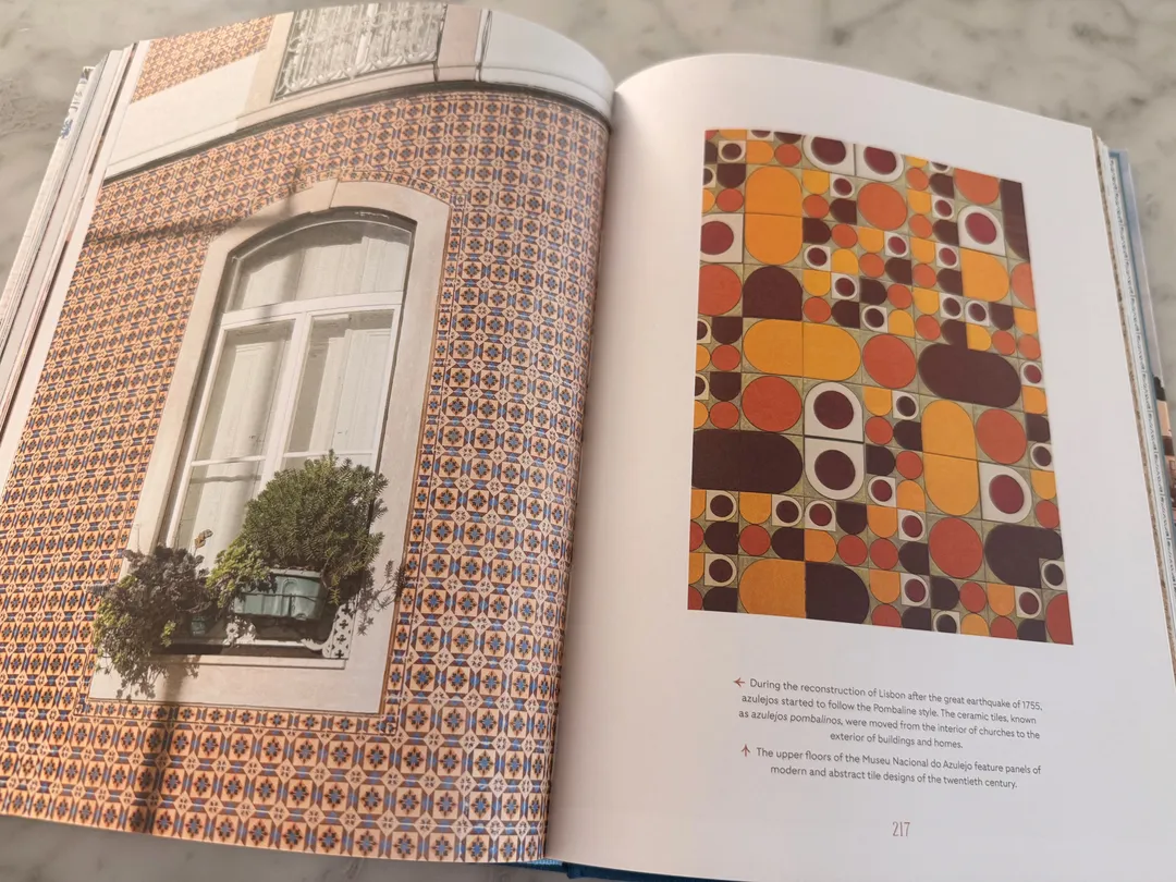 Tiled facade with a window box, and a page of geometric tile patterns