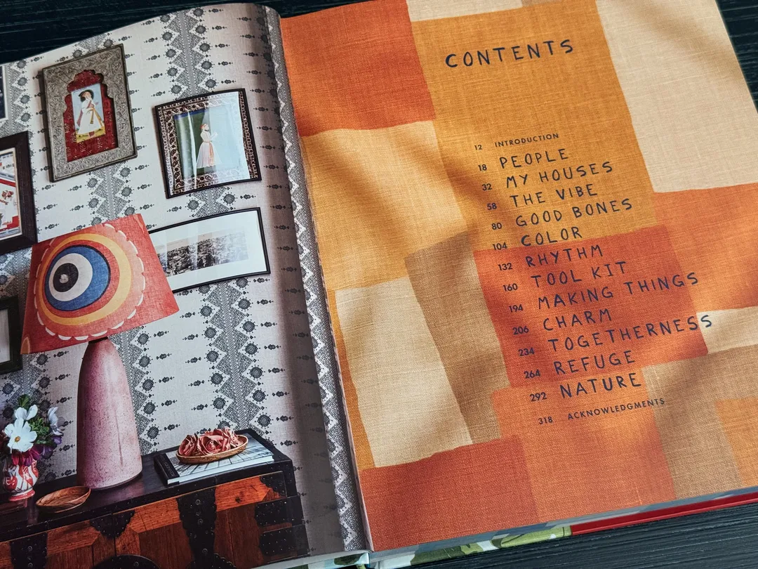 Contents page opposite a patterned lamp and framed art