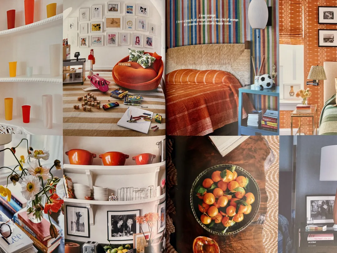 Collage of colourful shelves, ceramics and a bowl of oranges