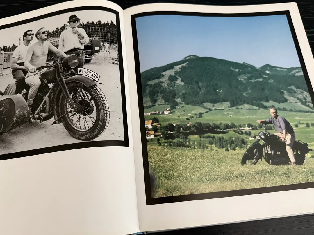 McQueen on motorcycles, on a road and in a green alpine valley