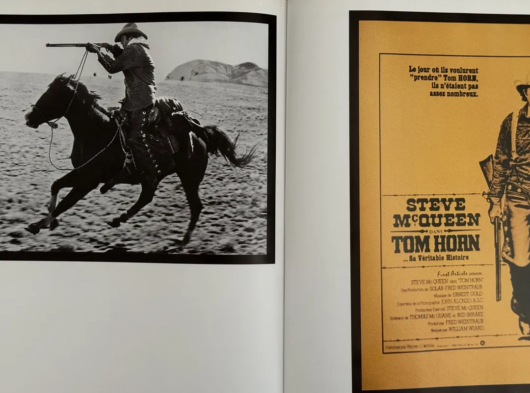 Rider galloping with a rifle, and a Tom Horn film poster